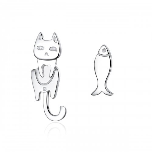 Pendientes de tuerca Pandora Style de plata con diseño de gato y pez - SCE488
