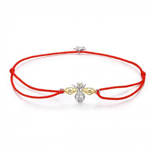 Pulsera estilo Pandora de cuerda roja con abeja bañada en plata y oro - SC