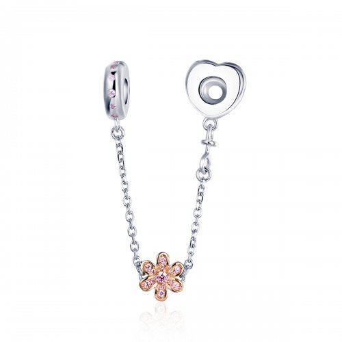 Pulsera de seguridad en estilo Pandora, con cadena plateada y charm de flor de amor - SCC1113