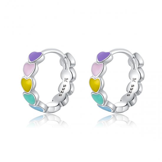 Aretes de argollas estilo Pandora con corazones arcoíris de plata - SCE909 - Haga click en la imagen para cerrar