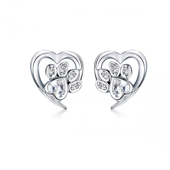 Pendientes de botón en forma de pata de perro de plata estilo Pandora - SCE654-Wh - Haga click en la imagen para cerrar
