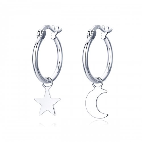 Pendientes colgantes asimétricos estilo Pandora de plata con estrella y luna - SCE681