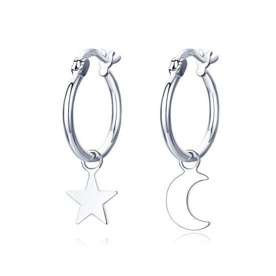 Pendientes colgantes asimétricos estilo Pandora de plata con estrella y luna - SCE681 - Haga click en la imagen para cerrar