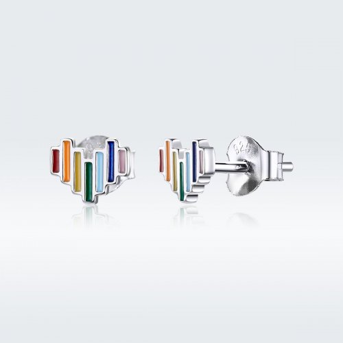 Pendientes de botón de corazón arcoíris de plata estilo Pandora - SCE787