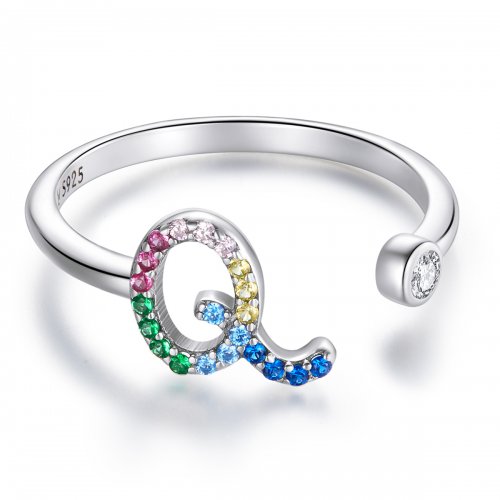 Anillo abierto de estilo Pandora con letra Q en colores vivos - SCR723-Q