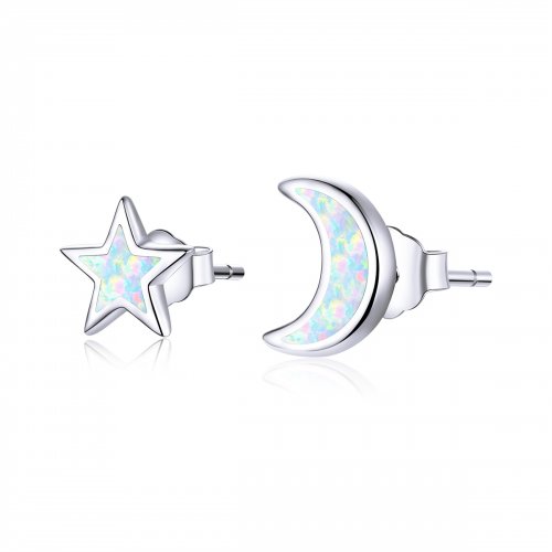 Pendientes de botón de estilo Pandora en forma de luna y estrella de plata - SCE875
