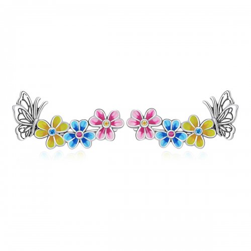 Pendientes de botón con estilo Pandora con mariposa y flores - SCE1393