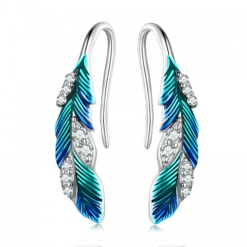 Estilo Pandora, deslumbrantes pendientes colgantes de pluma azul - BSE707