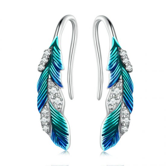 Estilo Pandora, deslumbrantes pendientes colgantes de pluma azul - BSE707 - Haga click en la imagen para cerrar