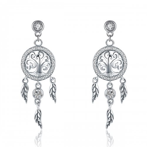 Pendientes colgantes de estilo Pandora en plata con árbol de la vida y atrapasueños - SCE457