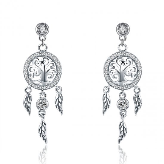 Pendientes colgantes de estilo Pandora en plata con árbol de la vida y atrapasueños - SCE457 - Haga click en la imagen para cerrar