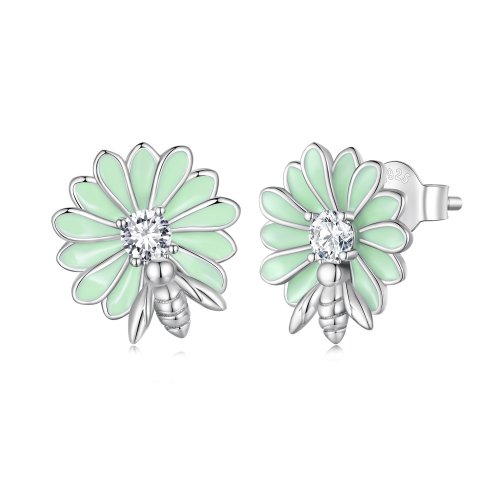 Pendientes de botón estilo Pandora con abeja y margarita - SCE1598