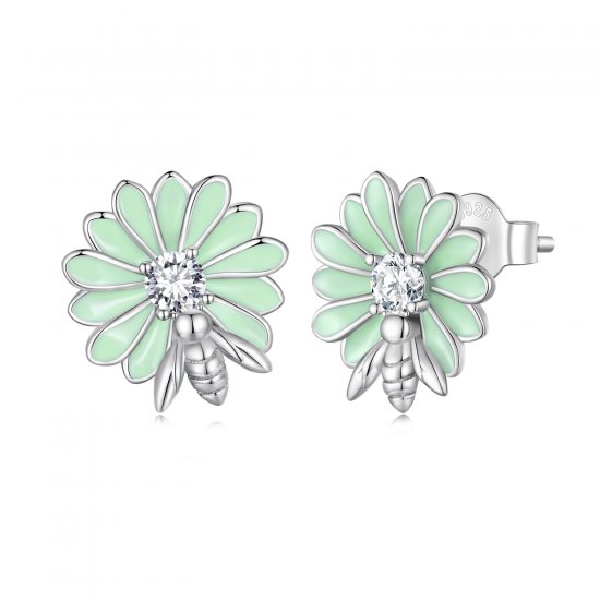 Pendientes de botón estilo Pandora con abeja y margarita - SCE1598 - Haga click en la imagen para cerrar