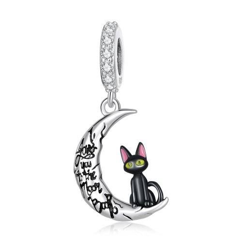 Colgante de Gato Negro de Estilo Pandora con Luna - SCC2218 Colgante de Gato Negro de Estilo Pandora con Luna - SCC2218