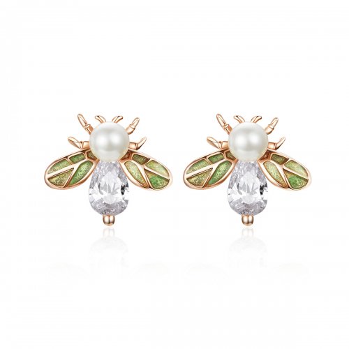Estilo Pandora en forma de abeja de oro rosa con pendientes de perla - SCE643