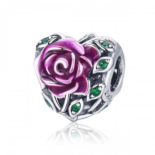 Charm de corazón plateado estilo Pandora con rosa - SCC927