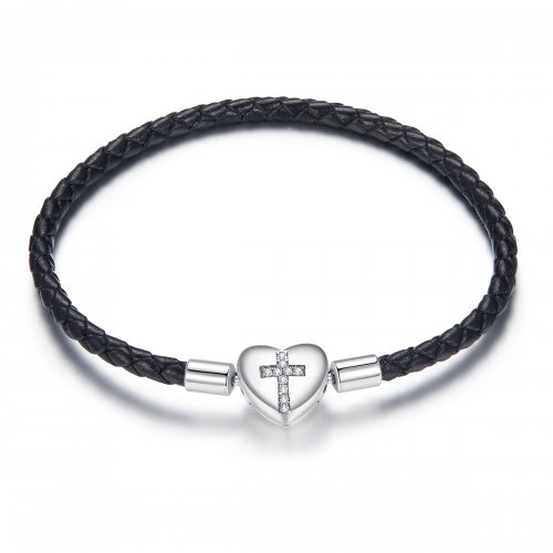 Pulsera de cuero estilo Pandora con cruz de bautizo en plata - SCB205 Pulsera de cuero estilo Pandora con cruz de bautizo en plata - SCB205