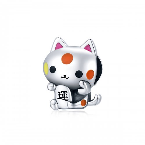 Encanto de plata estilo Pandora con el auspicioso gato atrapador de dinero - SCC1855
