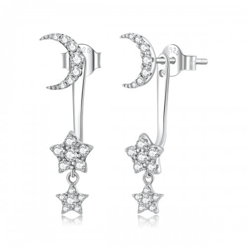 Estilo Pandora Exquisitos Pendientes Colgantes de Estrella y Luna - SCE1395