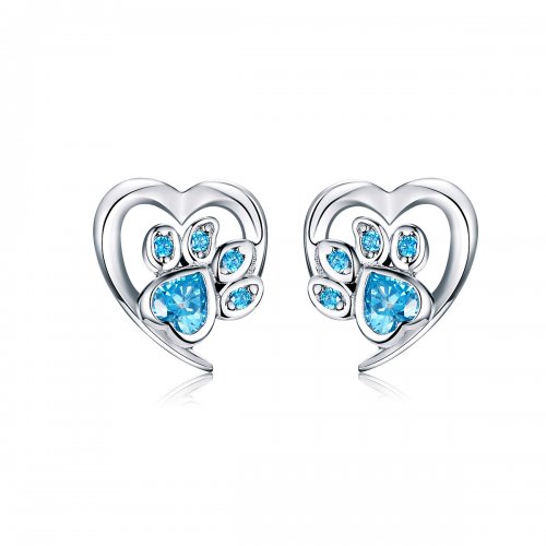 Pendientes de corazón con huella de perro cuidadosa estilo Pandora en plata - SCE654
