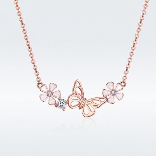 Collar con colgante de mariposa danzante en estilo Pandora color oro rosa -