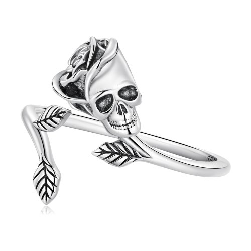Anillo abierto estilo Pandora con calavera y rosa - SCR879