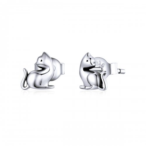 Pendientes de botón plateados con estilo Pandora de gato travieso - SCE832