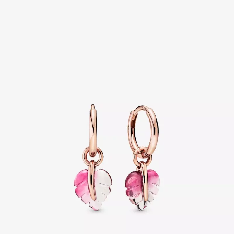 (imagen para) Pendientes de aro PANDORA Hoja de cristal de Murano rosa - 288317PMU