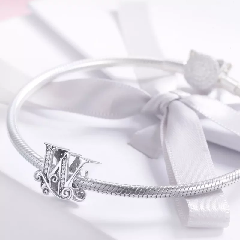 (imagen para) Abalorio de letra W con flores de Pavé brillante estilo Pandora - BSC030-W - Ver 3