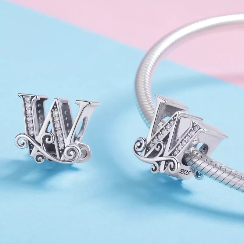 (imagen para) Abalorio de letra W con flores de Pavé brillante estilo Pandora - BSC030-W - Ver 4