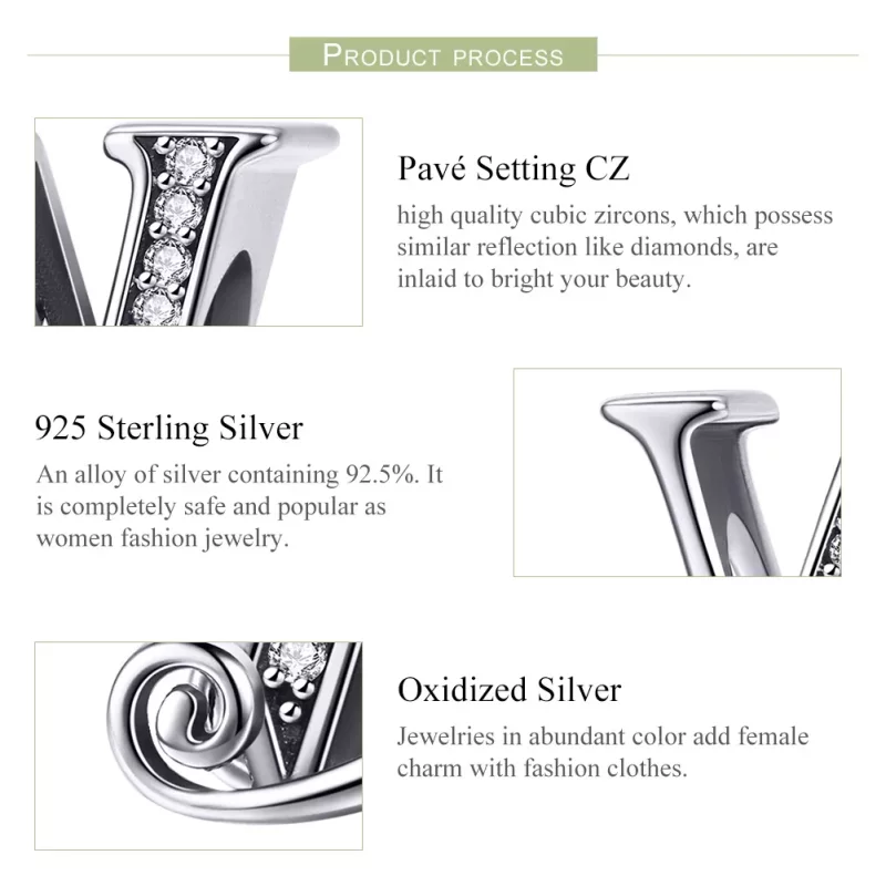 (imagen para) Abalorio de letra W con flores de Pavé brillante estilo Pandora - BSC030-W - Ver 6