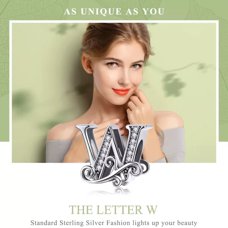 (imagen para) Abalorio de letra W con flores de Pavé brillante estilo Pandora - BSC030-W - Ver 7