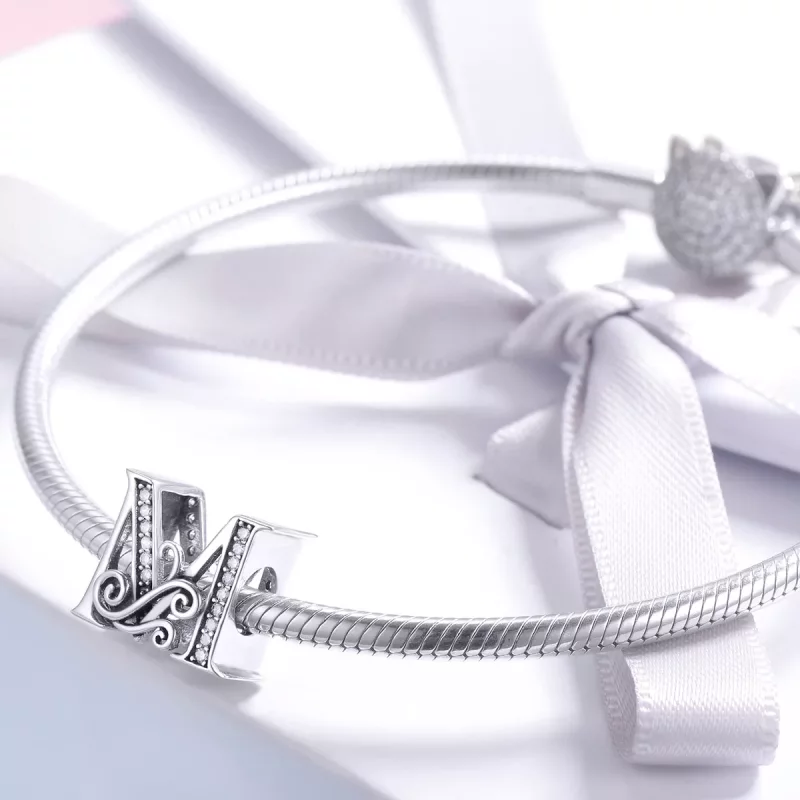 (imagen para) Charm con letra M de flores brillantes estilo Pandora con pavé - BSC030-M - Ver 3