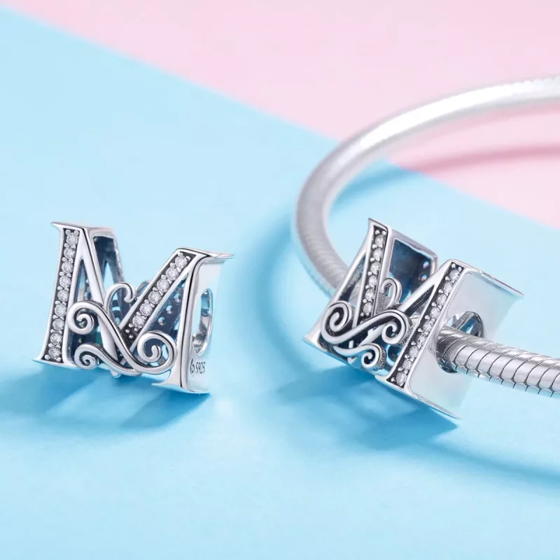 (imagen para) Charm con letra M de flores brillantes estilo Pandora con pavé - BSC030-M - Ver 4