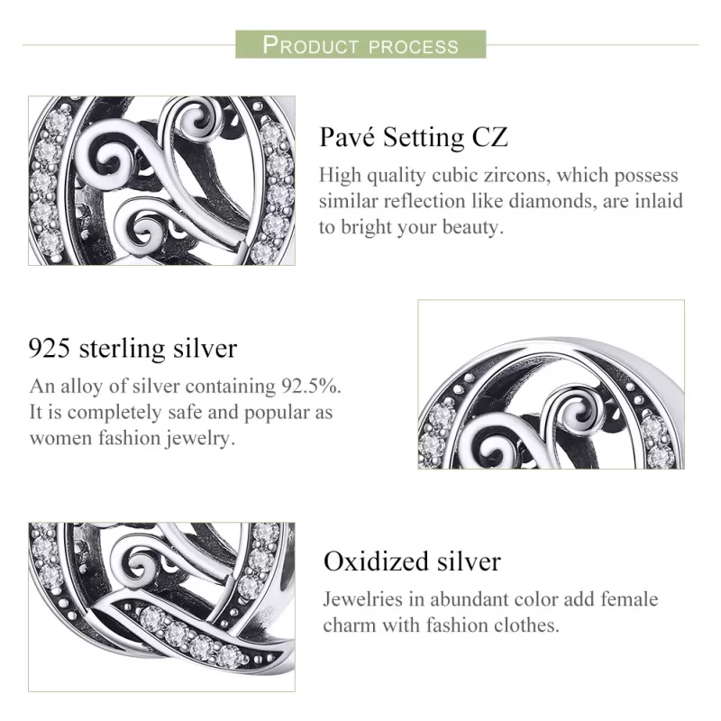 (imagen para) Charm con letra Q brillante de estilo Pandora con pavé de flores - BSC030-Q - Ver 6