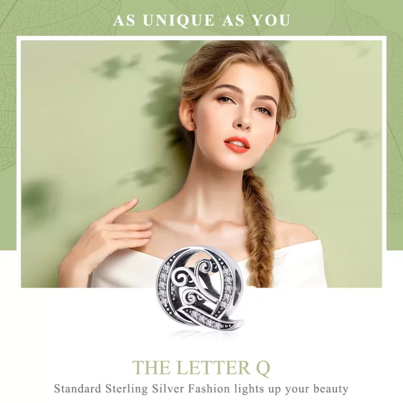 (imagen para) Charm con letra Q brillante de estilo Pandora con pavé de flores - BSC030-Q - Ver 7