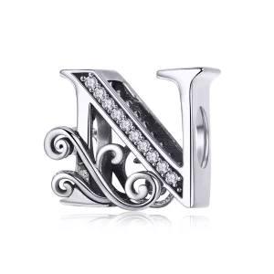 (imagen para) Charm de letra N con encanto de flor brillante estilo Pandora con Pavé - BSC030-N