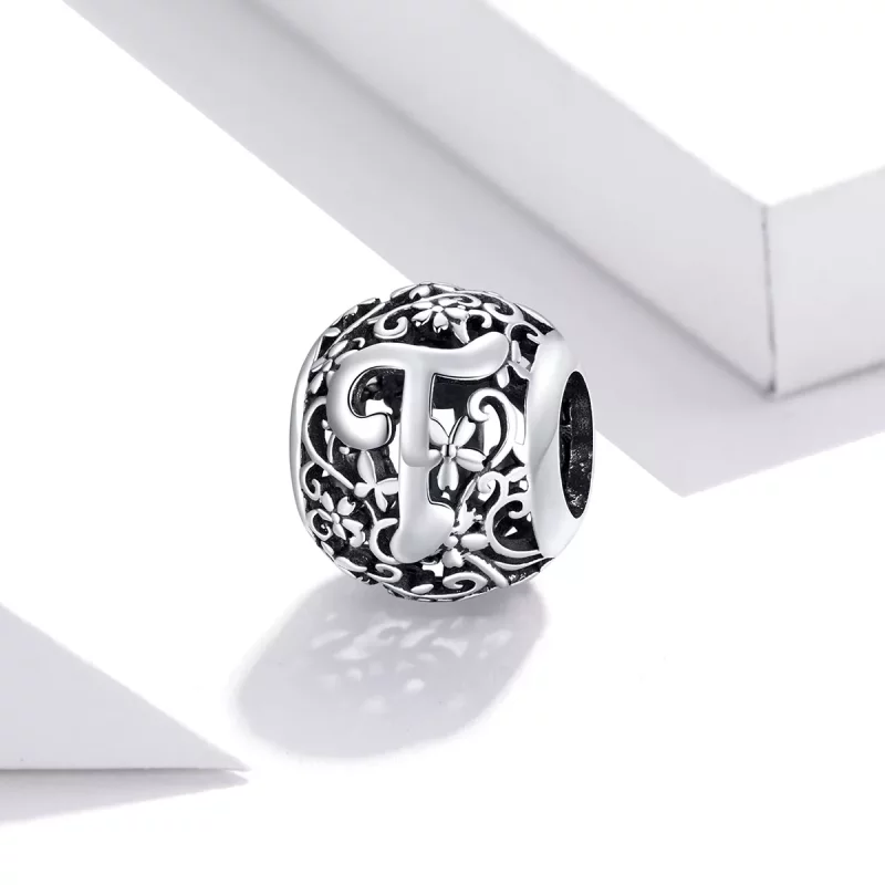 (imagen para) Charm Pandora estilo flor calada con letra T - SCC1444-T - Ver 2