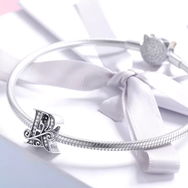 (imagen para) Charm Pandora estilo flor con letra R, pavé brillante - BSC030-R - Ver 3