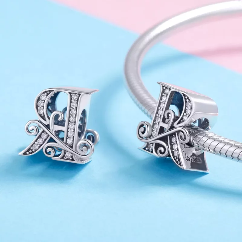 (imagen para) Charm Pandora estilo flor con letra R, pavé brillante - BSC030-R - Ver 4