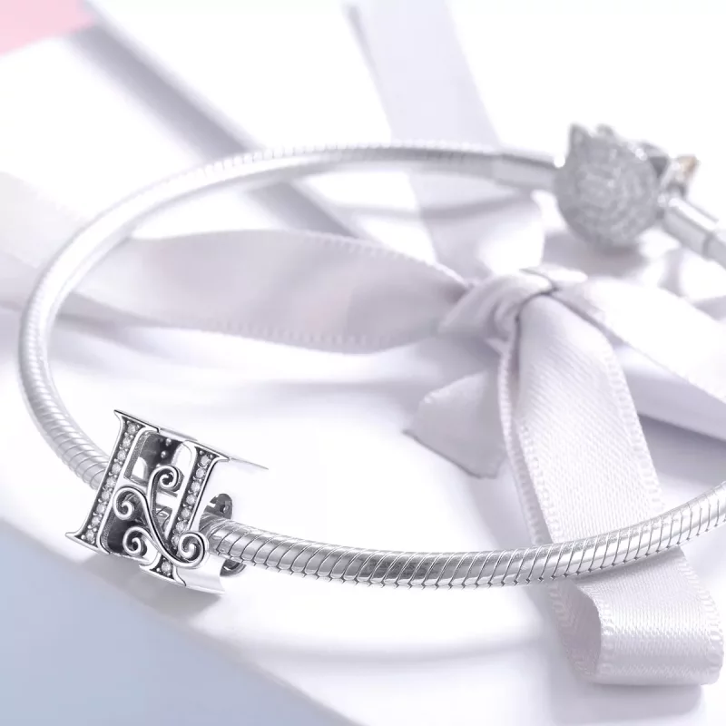 (imagen para) Encanto de letra H con brillantes estilo Pandora Style Sparkling Pavé Flower - B - Ver 3