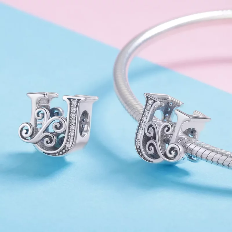 (imagen para) Encanto de letra U con brillantes pavé estilo Pandora - BSC030-U - Ver 4