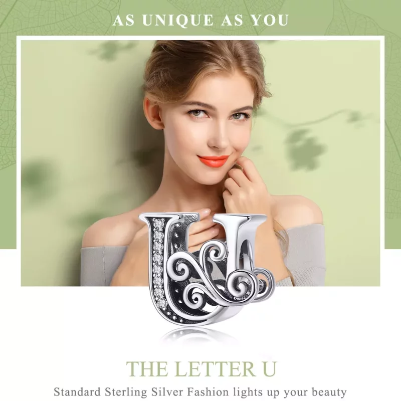 (imagen para) Encanto de letra U con brillantes pavé estilo Pandora - BSC030-U - Ver 7