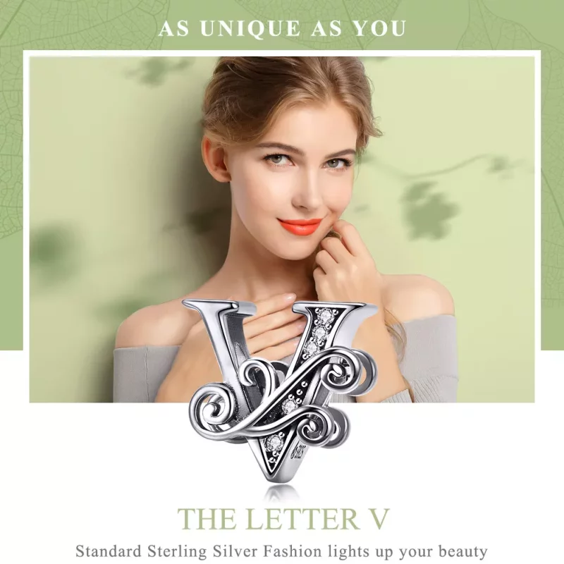(imagen para) Encanto de Letra V con Pavé Brillante de Estilo Pandora - BSC030-V - Ver 7