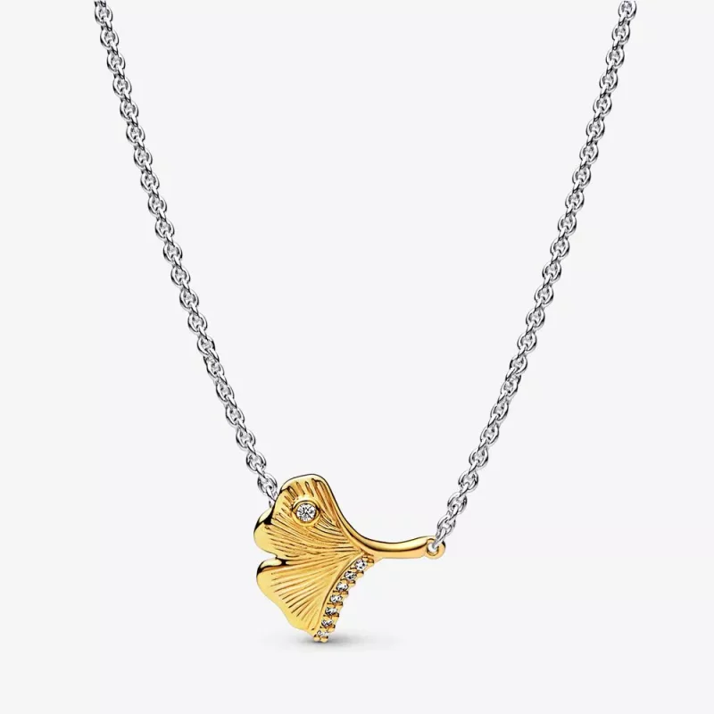 (imagen para) PANDORA Collar Ginkgo de plata de ley y chapado en oro de 14k con circonita cúbica transparente - 362443C01