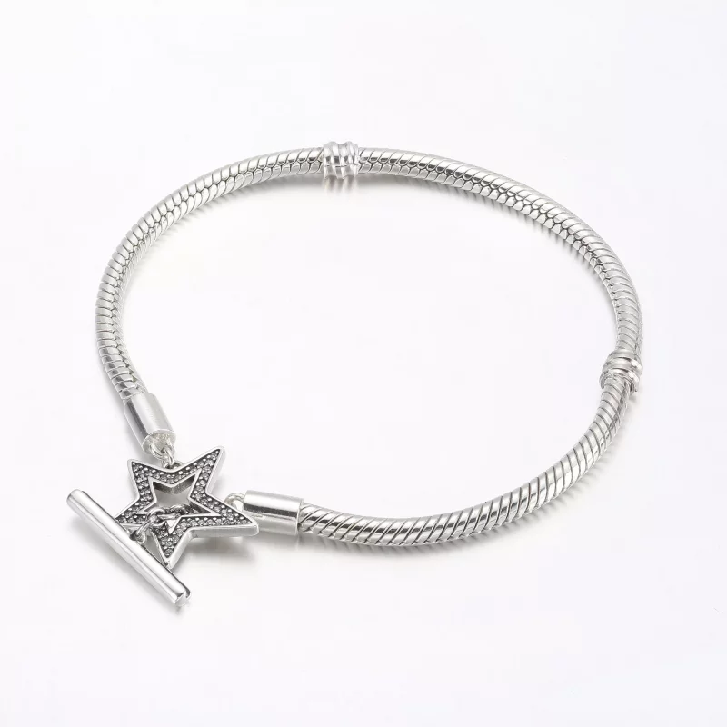 (imagen para) Pandora Moments Pulsera de cadena de serpiente con barra en T y estrella asimétr - Ver 2