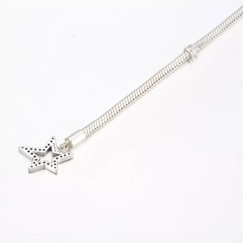 (imagen para) Pandora Moments Pulsera de cadena de serpiente con barra en T y estrella asimétr - Ver 4