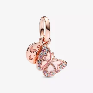 (imagen para) Pendiente de doble colgante PANDORA Mariposa rosa y cita - 782555C01
