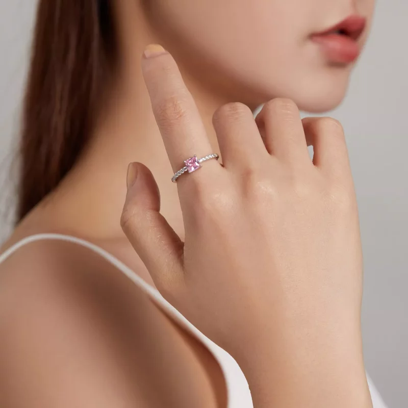 (imagen para) Anillo de estilo Pandora con halo cuadrado de brillo - BSR191 - Ver 5