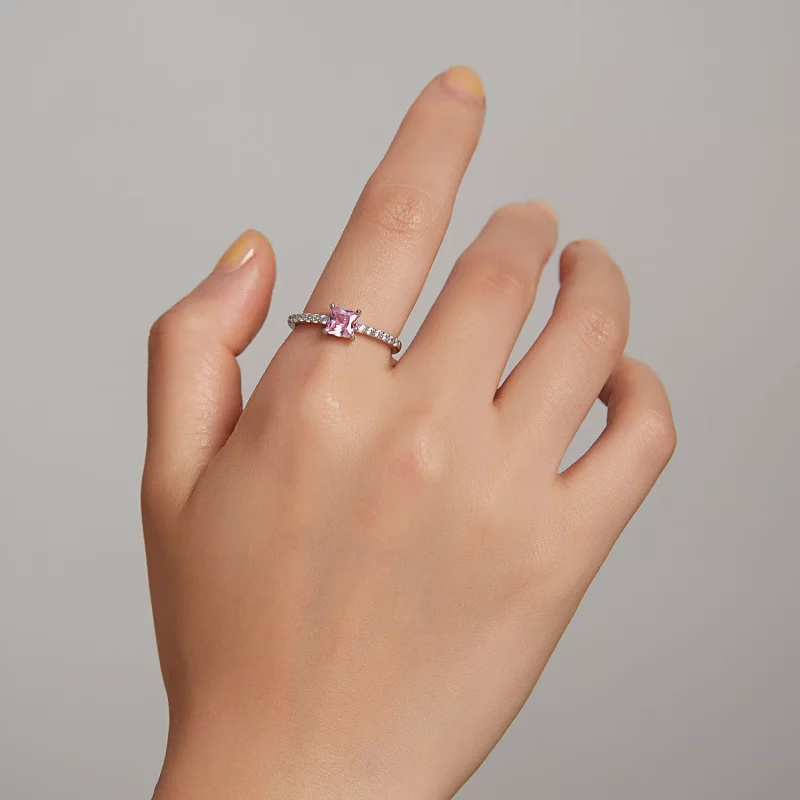 (imagen para) Anillo de estilo Pandora con halo cuadrado de brillo - BSR191 - Ver 6